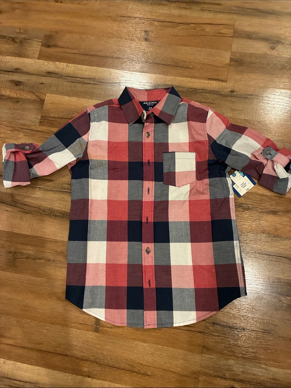 NEW Arizona Jean Company Boys Red Navy White Plaid Button-Down Shirt